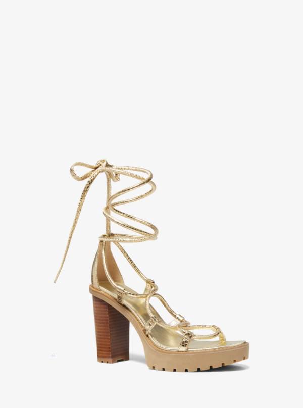 Damske Sandále Michael Kors Vero Metallic Snake Embossed Leather Platform Zlate - Topanky Michael Kors Sleva | DPXUI-7450
